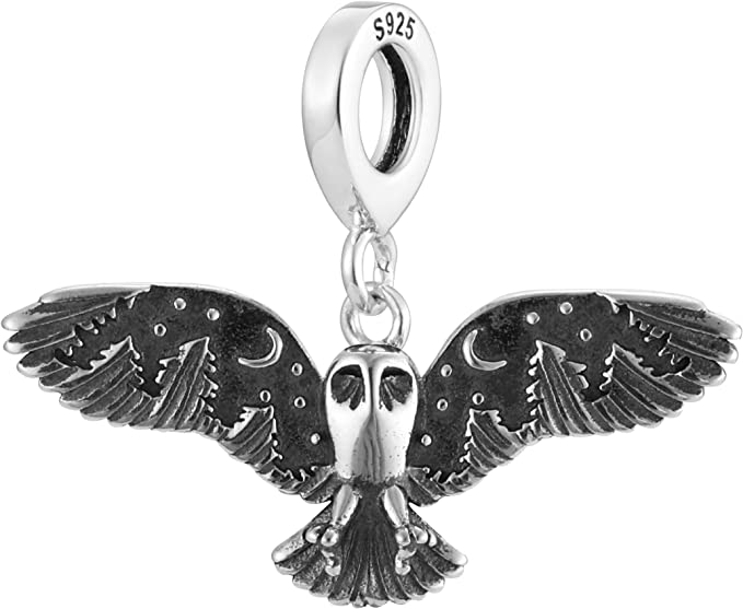 Owl Forest Whisper Mountain Moon Sterling Silver Dangle Pendant Bead Charm - Bolenvi Pandora Disney Chamilia Cartier Tiffany Charm Bead Bracelet Jewelry 