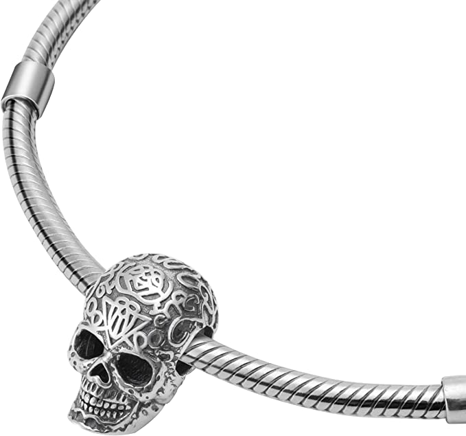 Gothic Skull Sterling Silver Bead Charm - Bolenvi Pandora Disney Chamilia Cartier Tiffany Charm Bead Bracelet Jewelry 