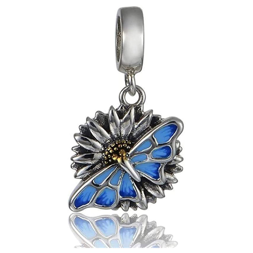 Monarch Butterfly on Sunflower Sterling Silver Dangle Pendant Bead Charm - Bolenvi Pandora Disney Chamilia Jewelry 