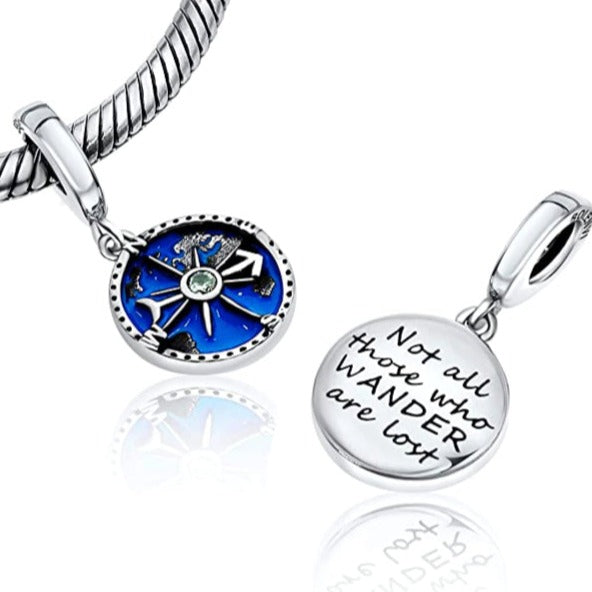 Not All Those Who Wander Are Lost Compass Earth Sterling Silver Dangle Pendant Bead Charm - Bolenvi Pandora Disney Chamilia Cartier Tiffany Charm Bead Bracelet Jewelry 