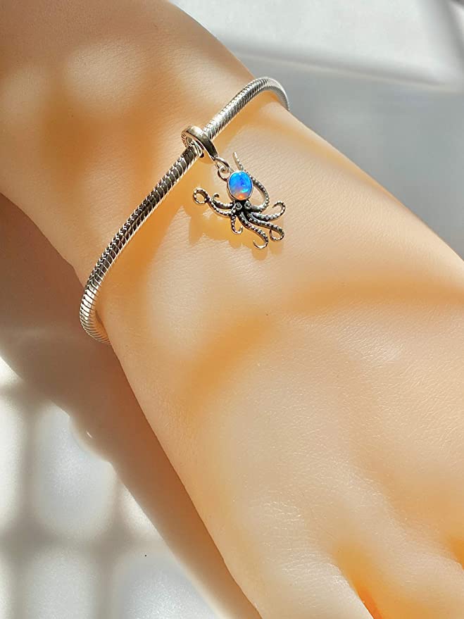 Opal Octopus Sterling Silver Dangle Pendant Bead Charm - Bolenvi Pandora Disney Chamilia Jewelry 