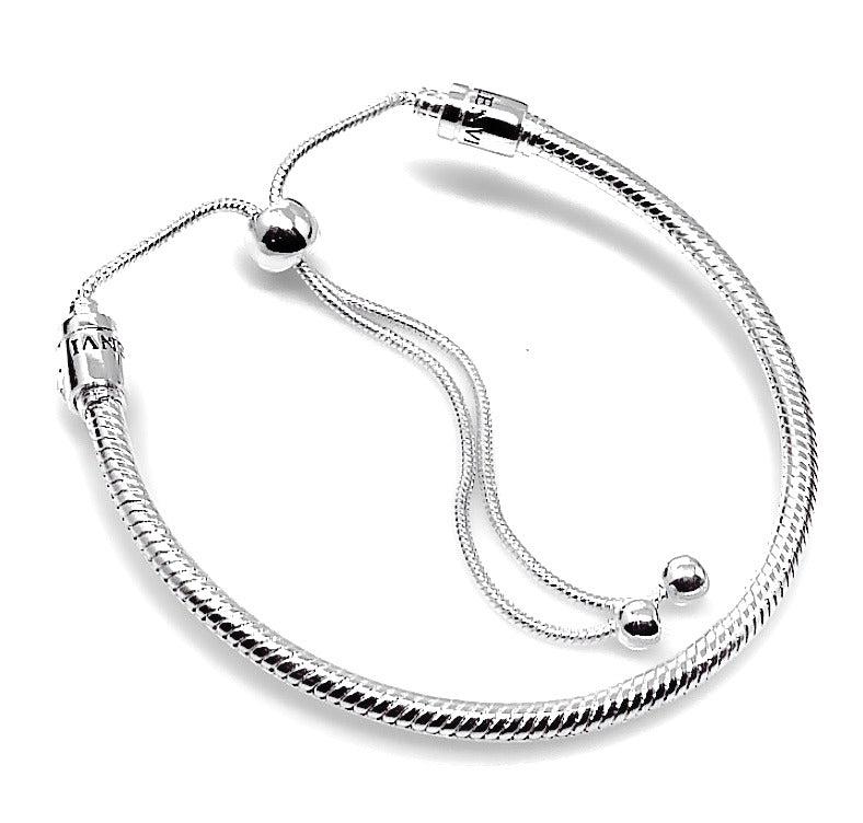 Silver Adjustable Snake Chain Bead Charm Bracelet - Bolenvi Pandora Disney Chamilia Jewelry 