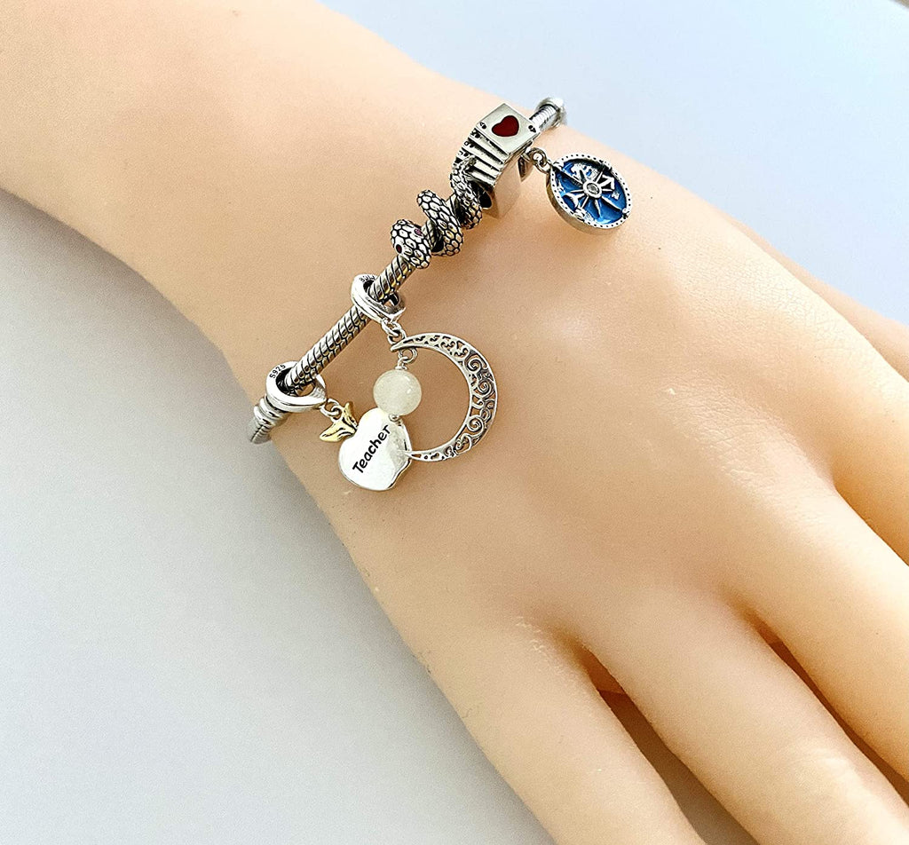 Teacher Apple Sterling Silver Dangle Pendant Bead Charm - Bolenvi Pandora Disney Chamilia Cartier Tiffany Charm Bead Bracelet Jewelry 
