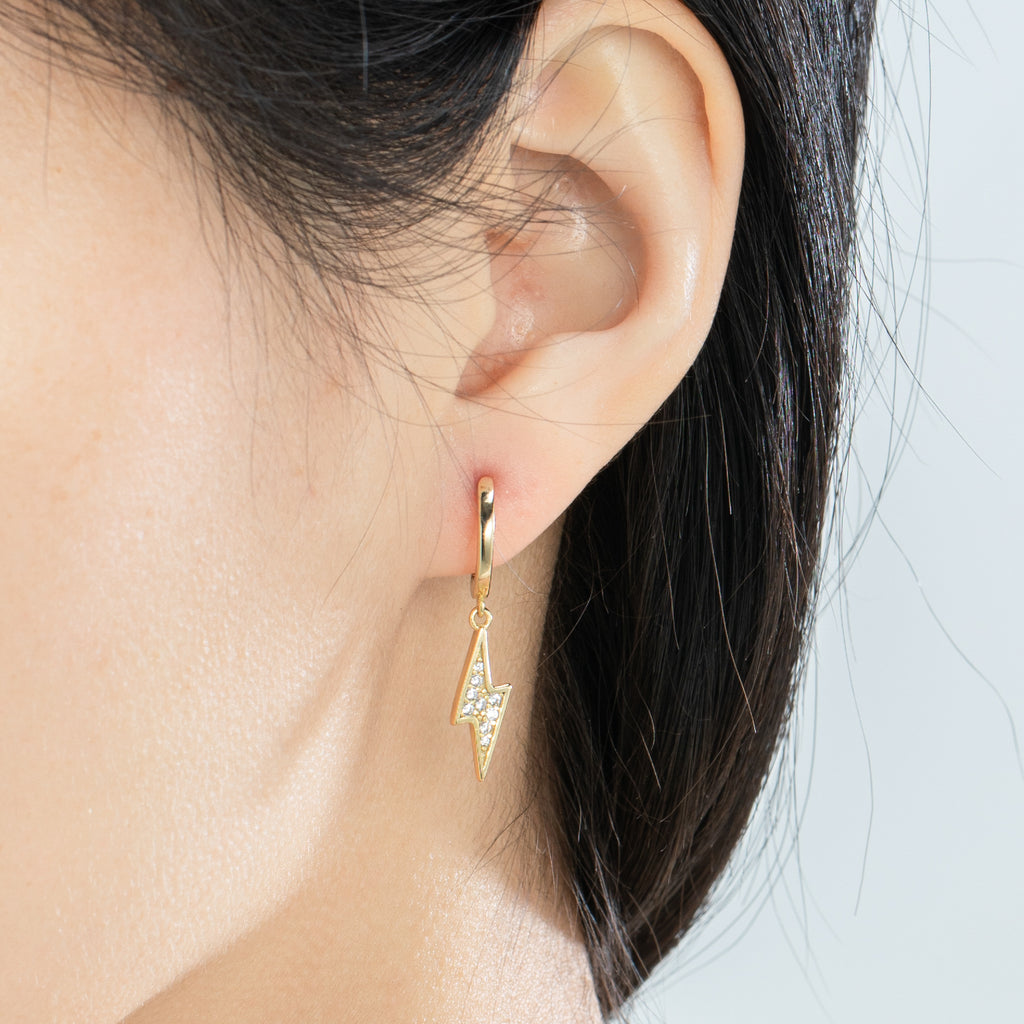 Golden Lighting Bolt Crystal Pave Dangle Hoop Earrings - Bolenvi Pandora Disney Chamilia Jewelry 