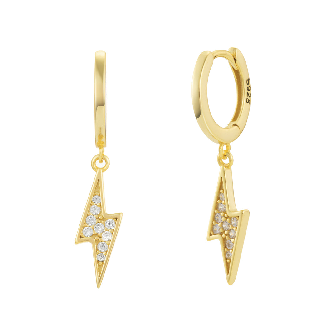 Gold Lighting Bolt Crystal Pave Dangle Hoop Earrings - Bolenvi Pandora Disney Chamilia Jewelry 