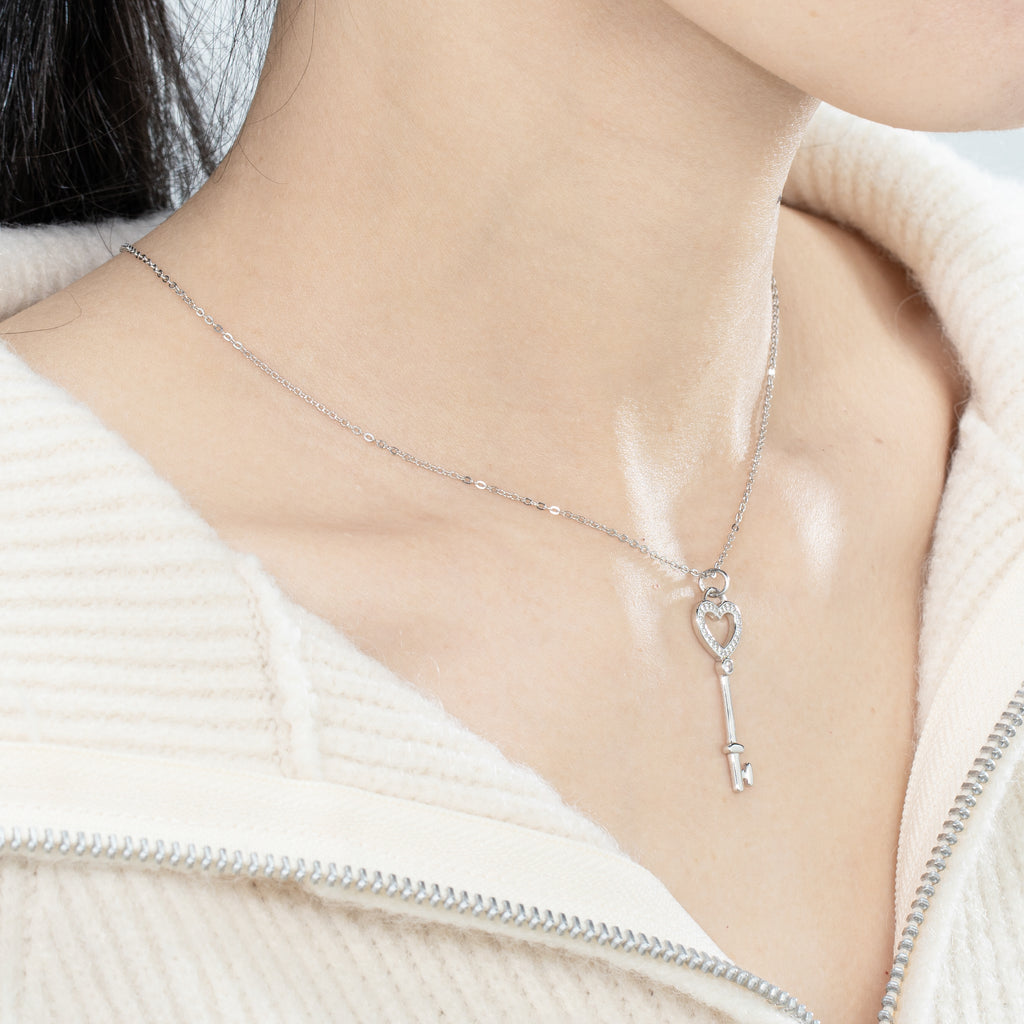 Crystal Pave Key To My Heart Chain Necklace - Bolenvi Pandora Disney Chamilia Jewelry 