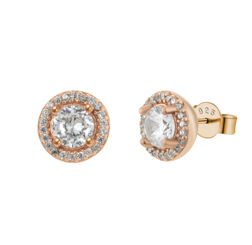 Rose Gold Round Sparkle Halo Crystal Pave Stud Earrings - Bolenvi Pandora Disney Chamilia Jewelry 