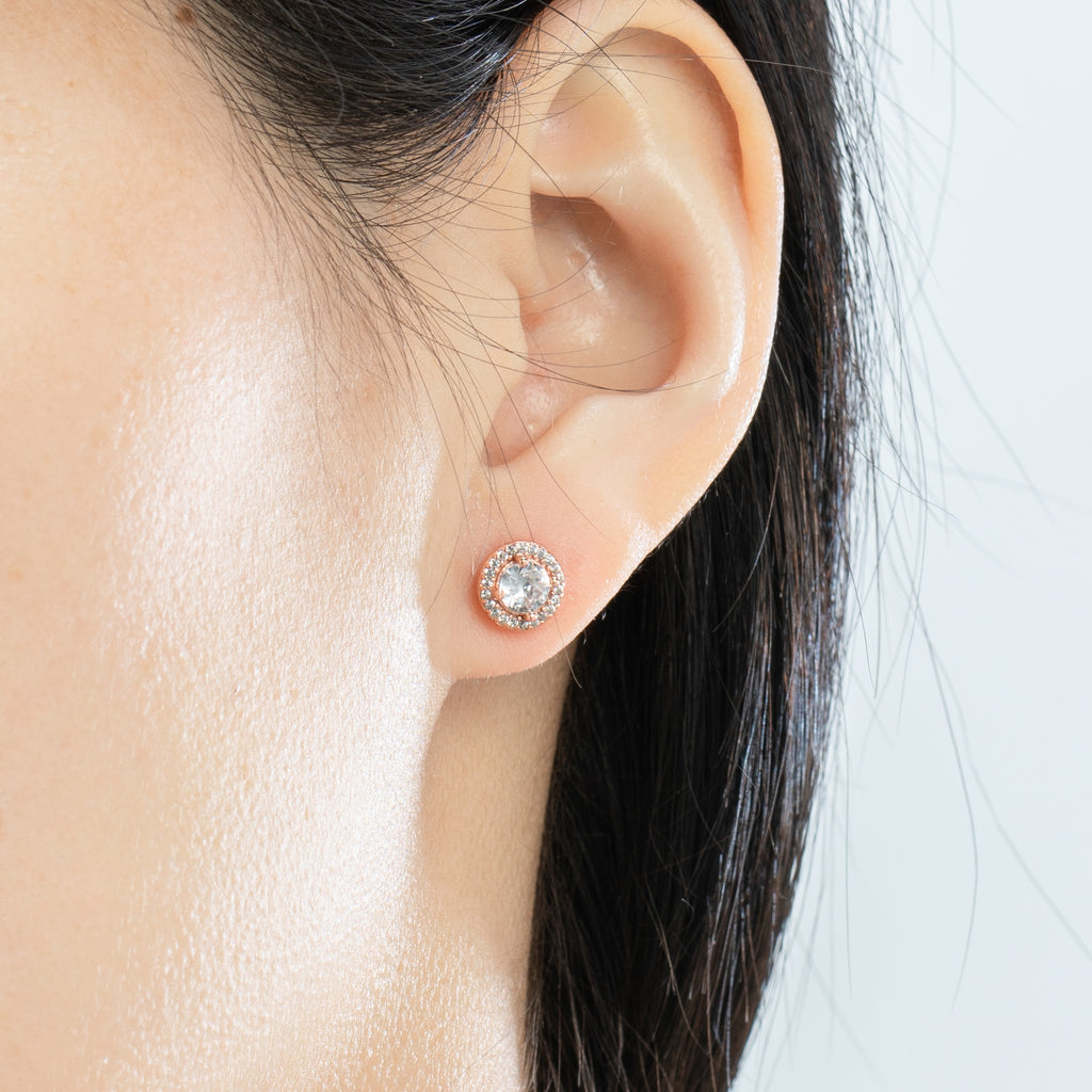 Rose Gold Round Sparkle Halo Crystal Pave Stud Earrings - Bolenvi Pandora Disney Chamilia Jewelry 