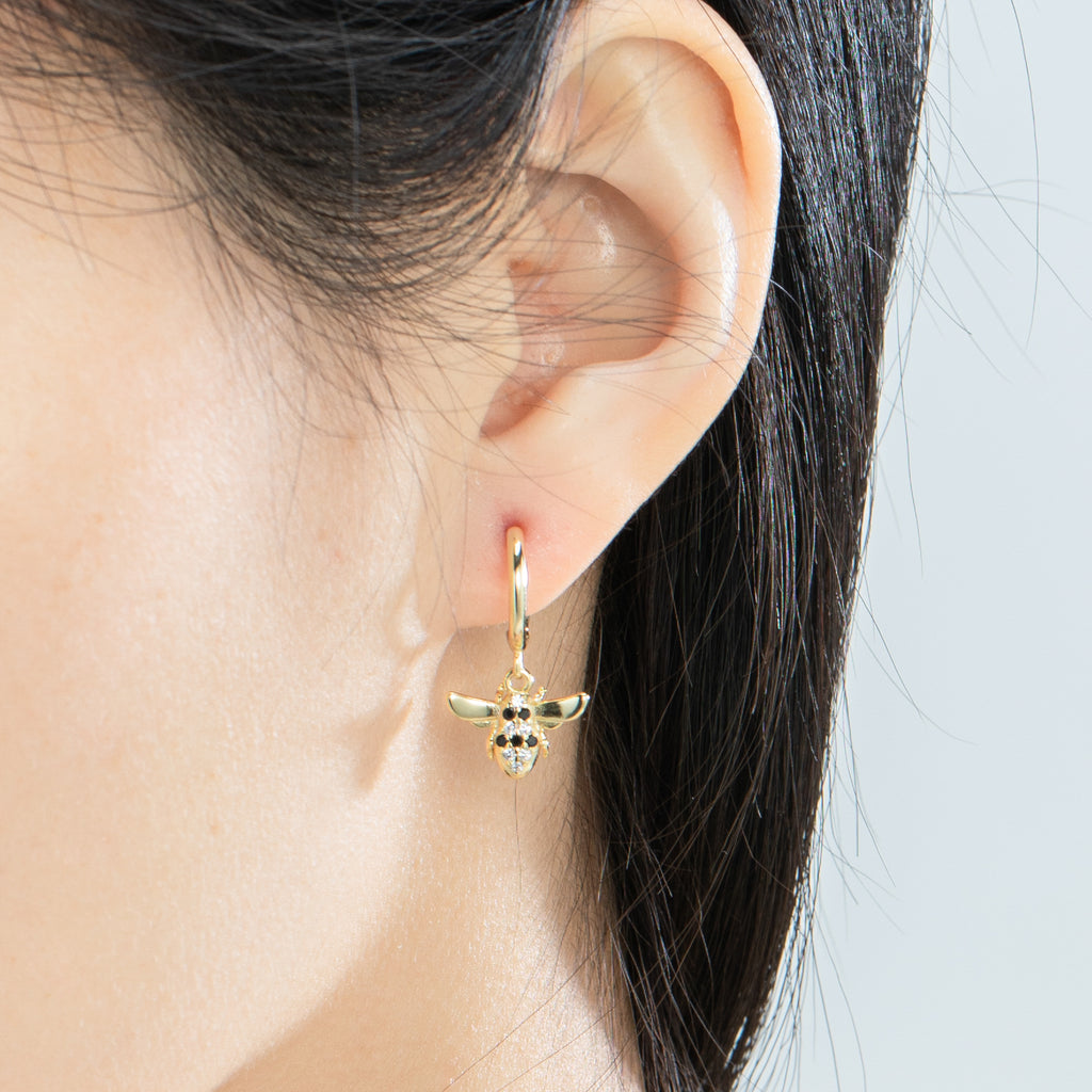 Golden Honey Bees Crystal Pave Dangle Hoop Earrings - Bolenvi Pandora Disney Chamilia Jewelry 