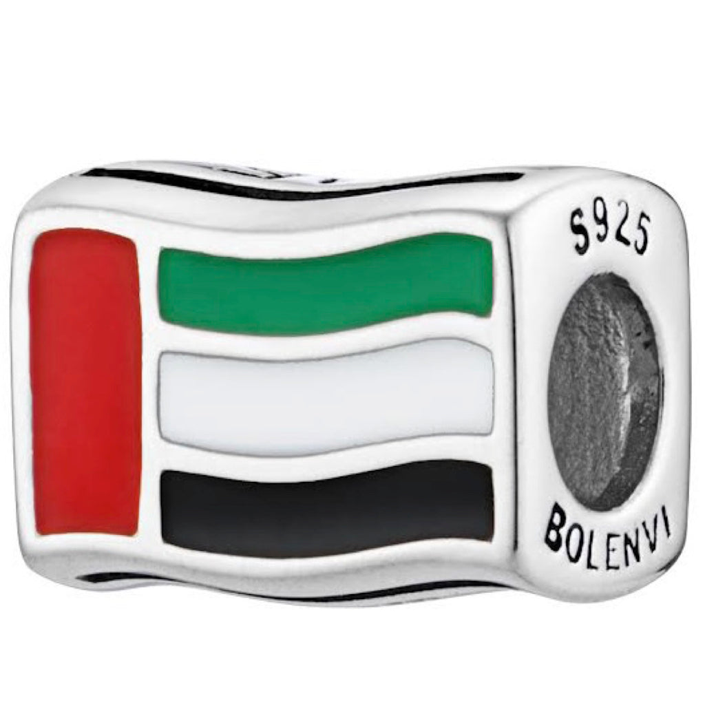 United Arab Emirates UAE Flag Country Sterling Silver Bead Charm - Bolenvi Pandora Disney Chamilia Cartier Tiffany Charm Bead Bracelet Jewelry 