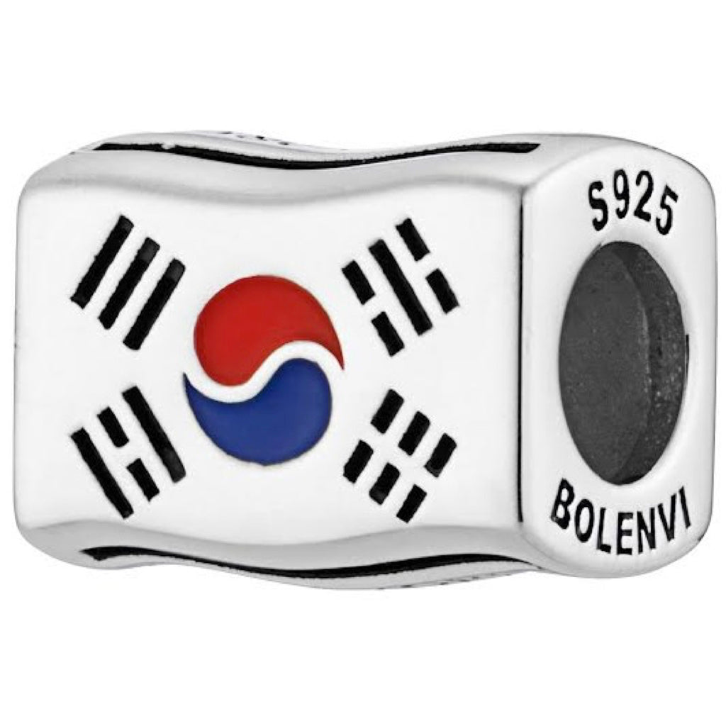 South Korea Flag Country Sterling Silver Bead Charm - Bolenvi Pandora Disney Chamilia Cartier Tiffany Charm Bead Bracelet Jewelry 
