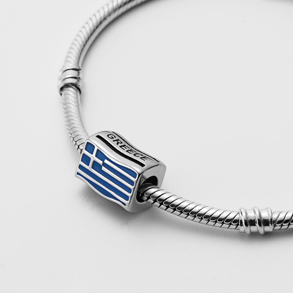 Greece Greek Flag Country Sterling Silver Bead Charm - Bolenvi Pandora Disney Chamilia Cartier Tiffany Charm Bead Bracelet Jewelry 