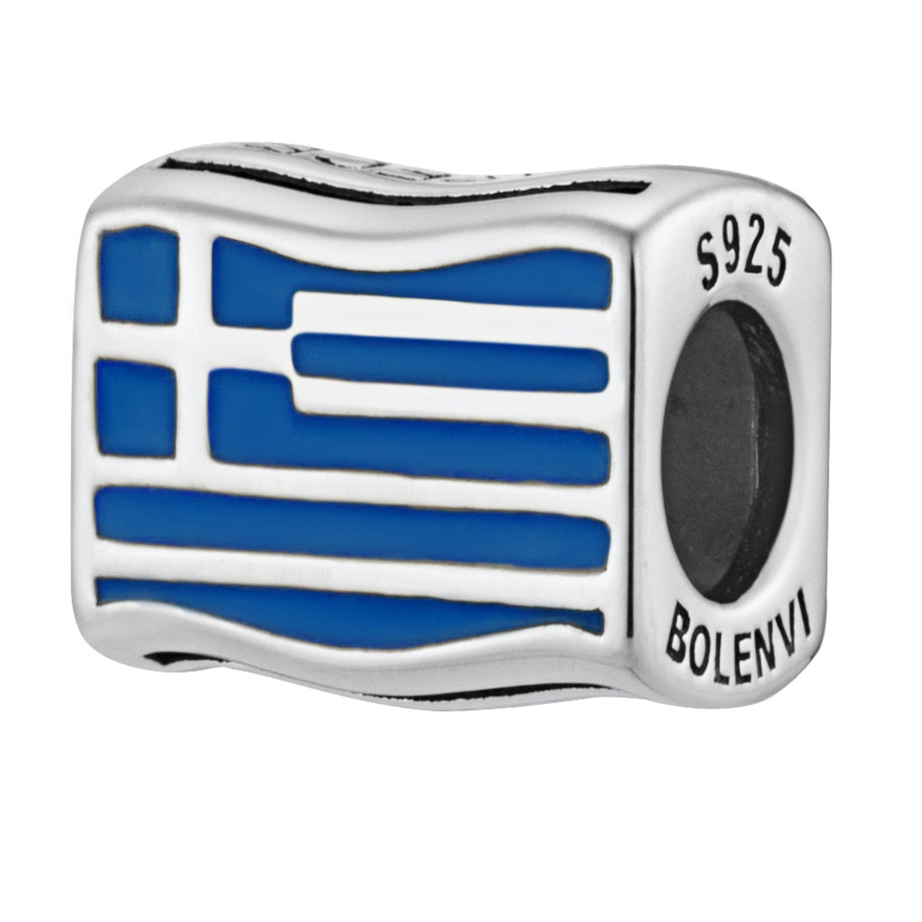 Greece Greek Flag Country Sterling Silver Bead Charm - Bolenvi Pandora Disney Chamilia Cartier Tiffany Charm Bead Bracelet Jewelry 