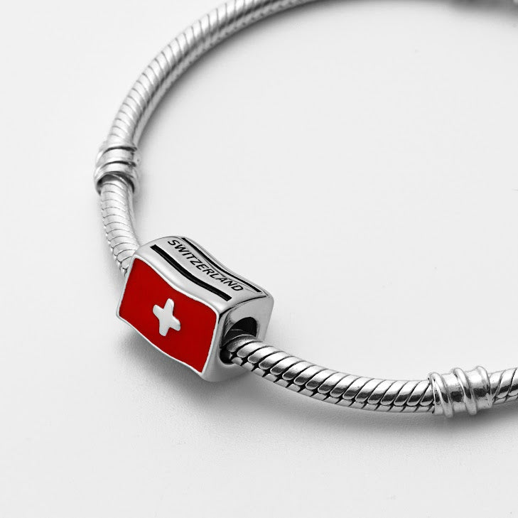 Switzerland Swiss Flag Country Sterling Silver Bead Charm - Bolenvi Pandora Disney Chamilia Cartier Tiffany Charm Bead Bracelet Jewelry 
