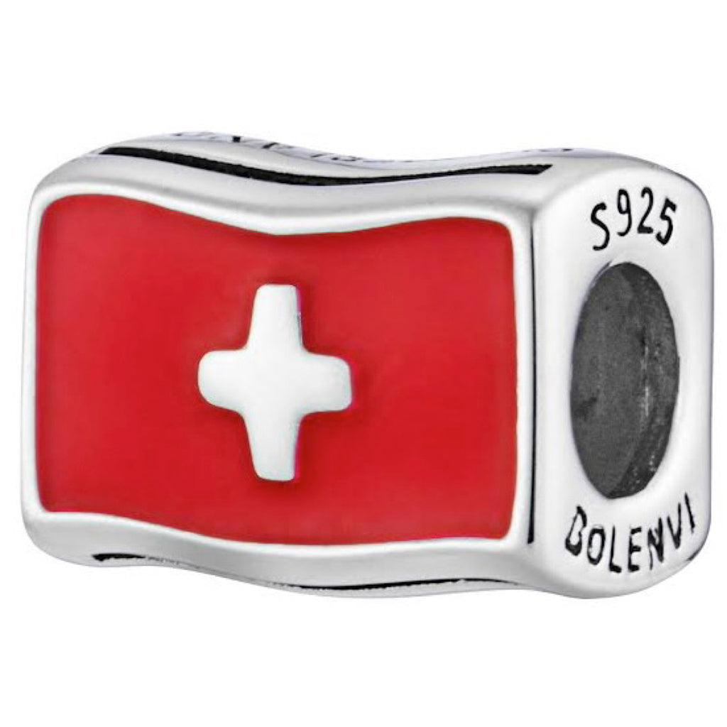 Switzerland Swiss Flag Country Sterling Silver Bead Charm - Bolenvi Pandora Disney Chamilia Cartier Tiffany Charm Bead Bracelet Jewelry 