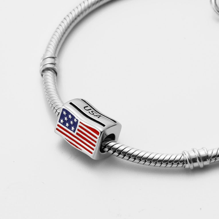 United States of America USA Flag Country Sterling Silver Bead Charm - Bolenvi Pandora Disney Chamilia Cartier Tiffany Charm Bead Bracelet Jewelry 