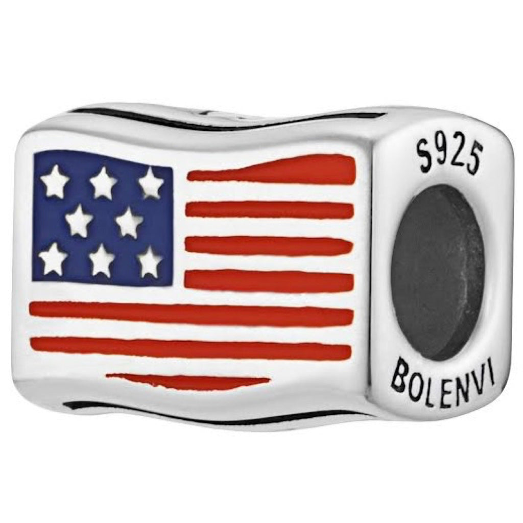 United States of America USA Flag Country Sterling Silver Bead Charm - Bolenvi Pandora Disney Chamilia Cartier Tiffany Charm Bead Bracelet Jewelry 