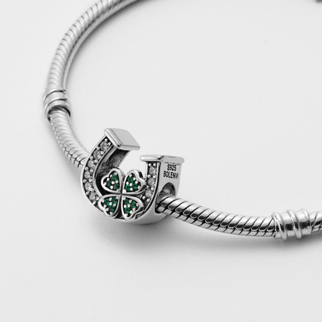 Lucky Crystal Horseshoe Four Leaf Clover Sterling Silver Bead Charm - Bolenvi Pandora Disney Chamilia Cartier Tiffany Charm Bead Bracelet Jewelry 