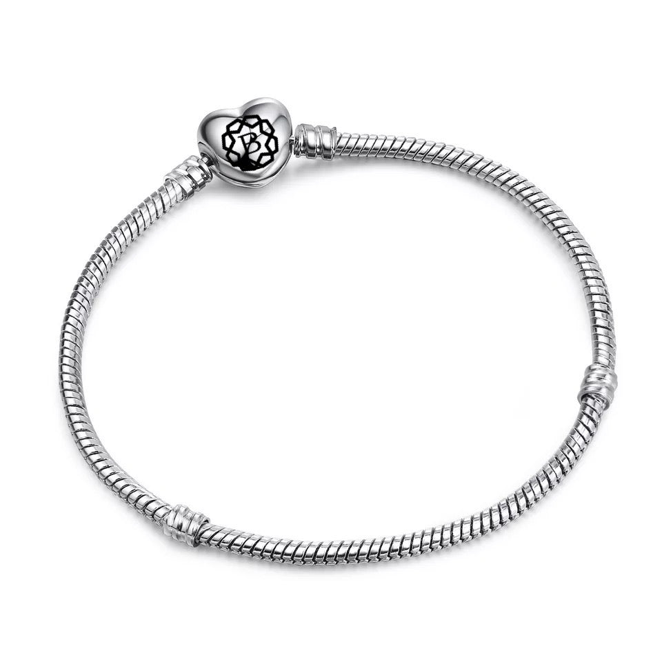 Silver Heart Clasp Snake Chain Bead Charm Bracelet - Bolenvi Pandora Disney Chamilia Jewelry 