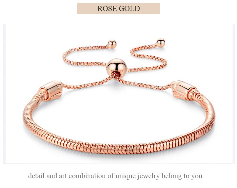 Adjustable Rose Gold European Snake Chain Sterling Silver Bead Charm Bracelet - Bolenvi Pandora Disney Chamilia Jewelry 