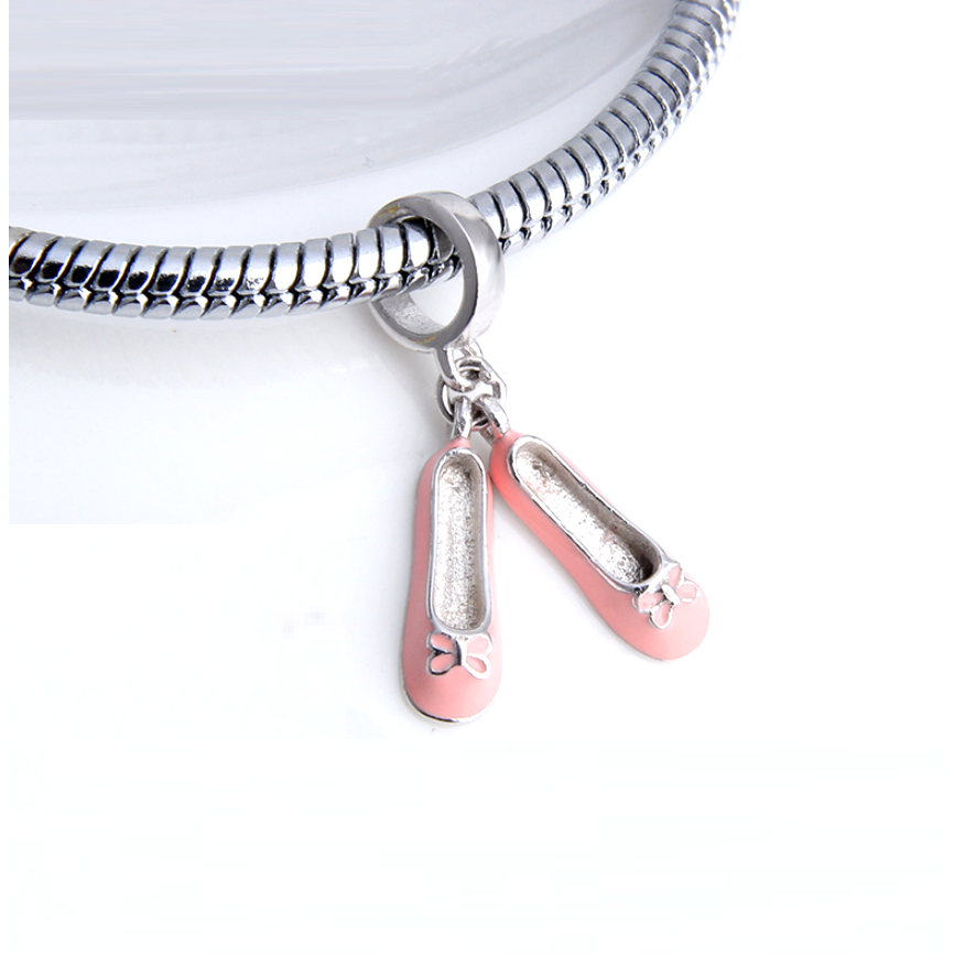 Pink Ballet Ballerina Slippers Sterling Silver Dangle Pendant Bead Charm - Bolenvi Pandora Disney Chamilia Cartier Tiffany Charm Bead Bracelet Jewelry 